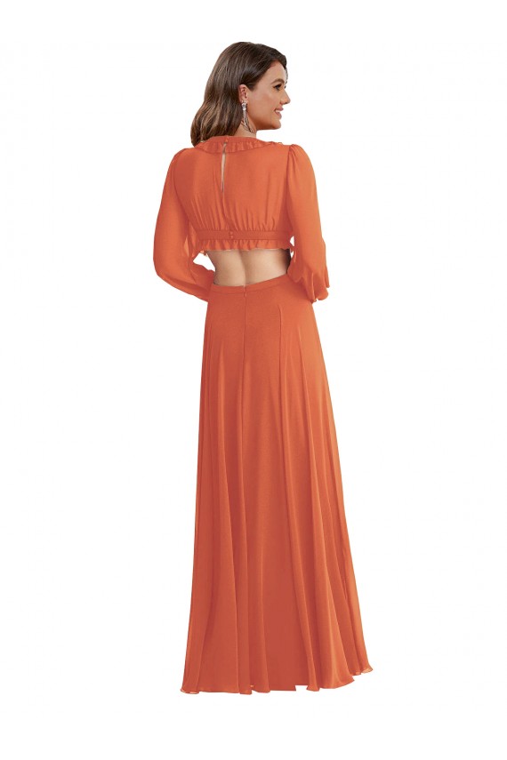 Long Sleeves V-Neck Soft Chiffon Firecracker Long High Low Evening Gown / Bridesmaid Dress Bath