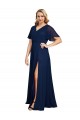 Short Flutter Sleeves V-Neck Soft Chiffon Dark Navy Long Formal Plus Size Evening Gown / Prom Dress / Bridesmaid Dress Bath
