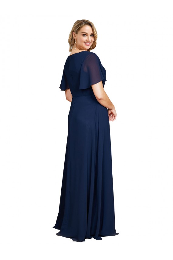 Short Flutter Sleeves V-Neck Soft Chiffon Dark Navy Long Formal Plus Size Evening Gown / Prom Dress / Bridesmaid Dress Bath