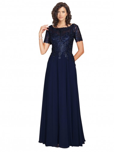 Short Sleeves Round Neck Soft Chiffon Dark Navy Long Prom Dress / Bridesmaid Dress Bath
