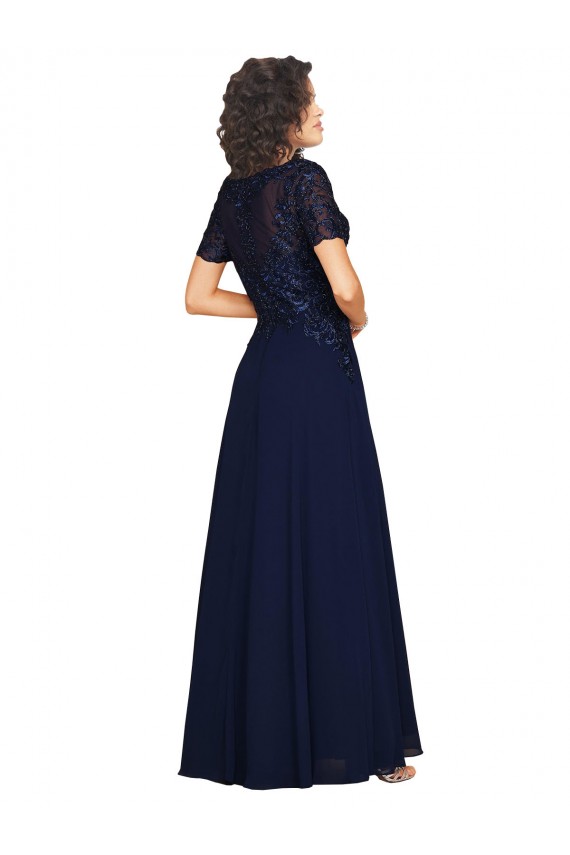Short Sleeves Round Neck Soft Chiffon Dark Navy Long Prom Dress / Bridesmaid Dress Bath