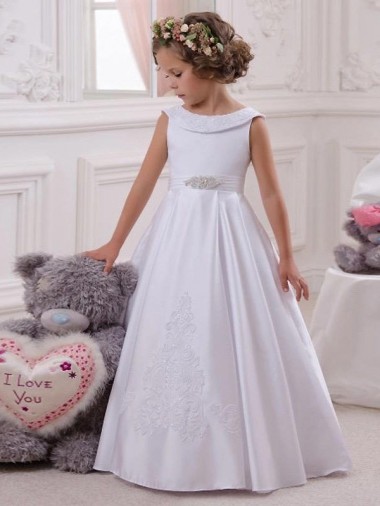 Sleeveless Bateau Neck Satin & Lace Ivory Long Flower Girl Dresses Bath