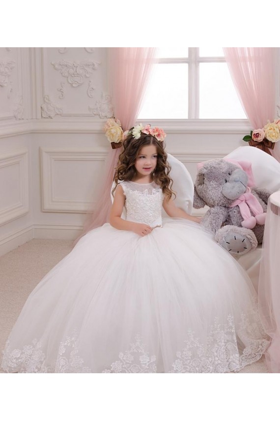 Sleeveless Bateau Neck Tulle & Lace Ivory Chapel Train Flower Girl Wedding Dress Bath