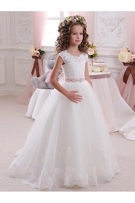 Cap Sleeves High Neck Tulle & Lace Ivory Long Flower Girl Dress Bath