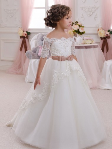 Short Sleeves High Neck Tulle & Lace Ivory Long Flower Girl Dresses Bath
