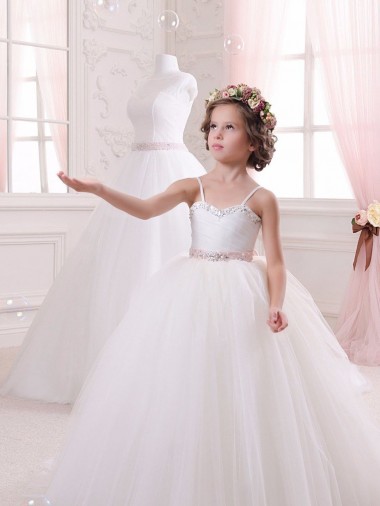 Sleeveless Sweetheart Tulle Ivory Chapel Train Flower Girl Dress Bath