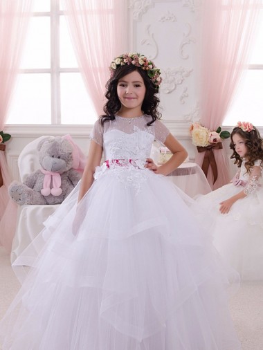 Short Sleeves Sweetheart Tulle & Lace Ivory Long Little Flower Girl Dress Bath