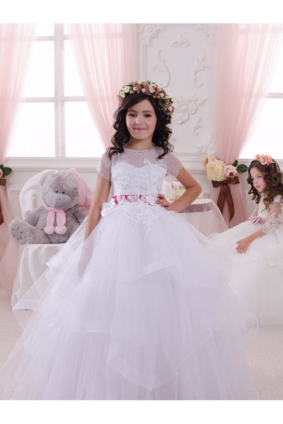 Short Sleeves Sweetheart Tulle & Lace Ivory Long Little Flower Girl Dress Bath