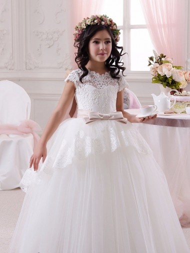 Sleeveless Sweetheart Tulle & Lace Ivory Long Flower Girl Dresses Bath