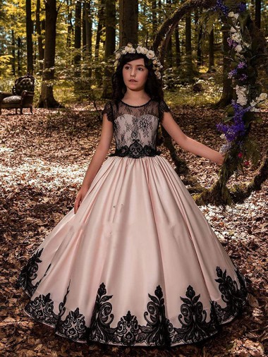 Sleeveless Sweetheart Satin & Lace Ivory Long Flower Girl Dress for Wedding Bath