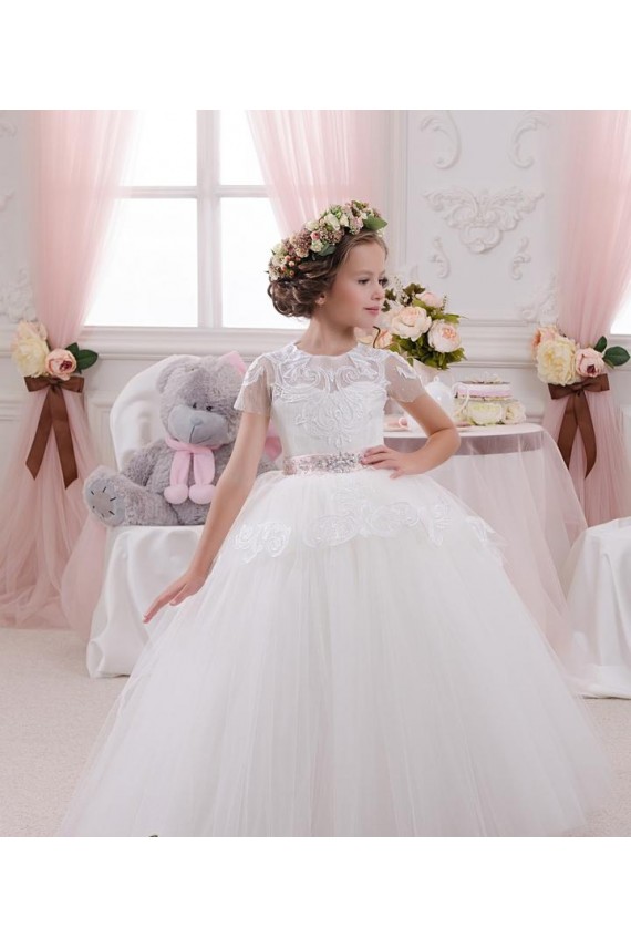 Sleeveless Sweetheart Tulle & Lace Ivory Long Flower Girl Dress Bath