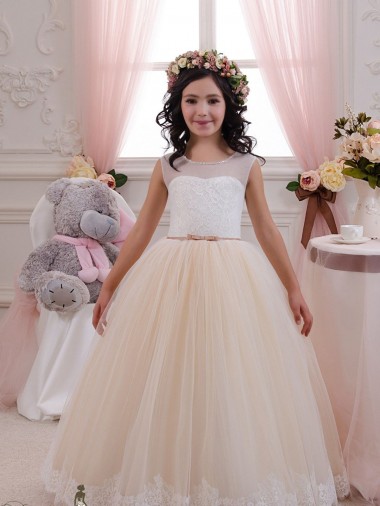 Sleeveless Sweetheart Tulle & Lace Ivory & Champagne Long Flower Girl Dresses for Wedding Bath