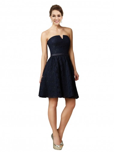 Sleeveless V-Neck Lace Dark Navy Knee Length Bridesmaid Dress Bath