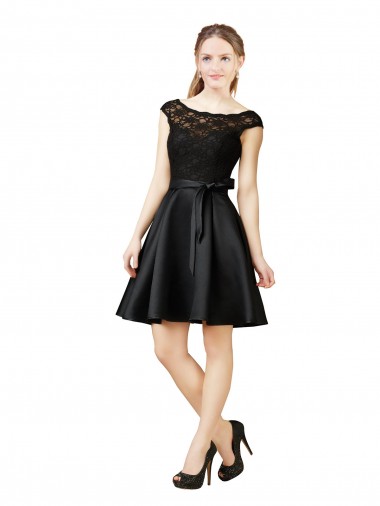 Sleeveless Illusion Neck Satin & Lace Black Knee Length Bridesmaid Dress Bath