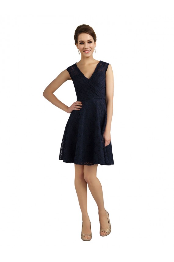 Sleeveless V-Neck Lace Dark Navy Knee Length Bridesmaid Dress / Evening Dress Bath