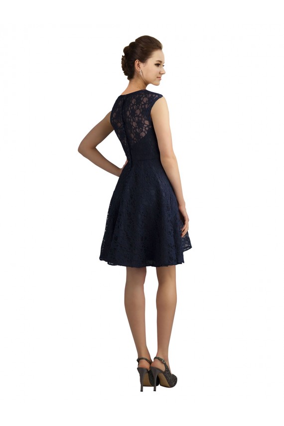 Sleeveless V-Neck Lace Dark Navy Knee Length Bridesmaid Dress / Evening Dress Bath