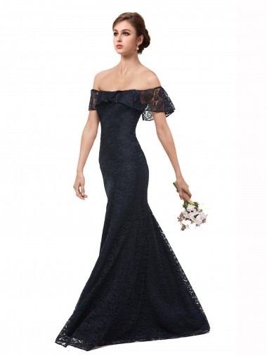 Flutter Sleeves Off the Shoulder Lace Dark Navy Long Prom Dress / Bridesmaid Dress Bath