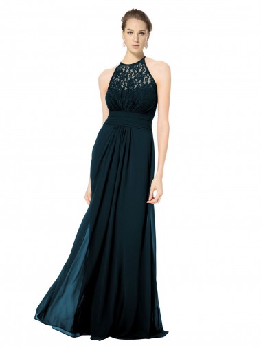Sleeveless Illusion Neck Soft Chiffon & Lace Dark Navy Long Formal Dress / Bridesmaid Dress Bath