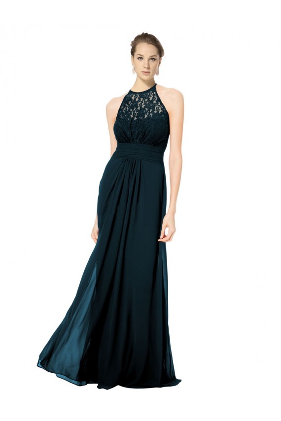 Sleeveless Illusion Neck Soft Chiffon & Lace Dark Navy Long Formal Dress / Bridesmaid Dress Bath