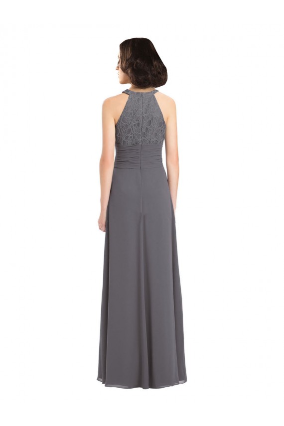 Sleeveless Halter Neck Soft Chiffon & Lace Stormy Silver Long Bridesmaid Dress Bath