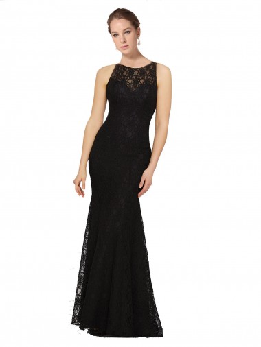 Sleeveless Jewel Neck Lace Black Long Bridesmaid Dress Bath