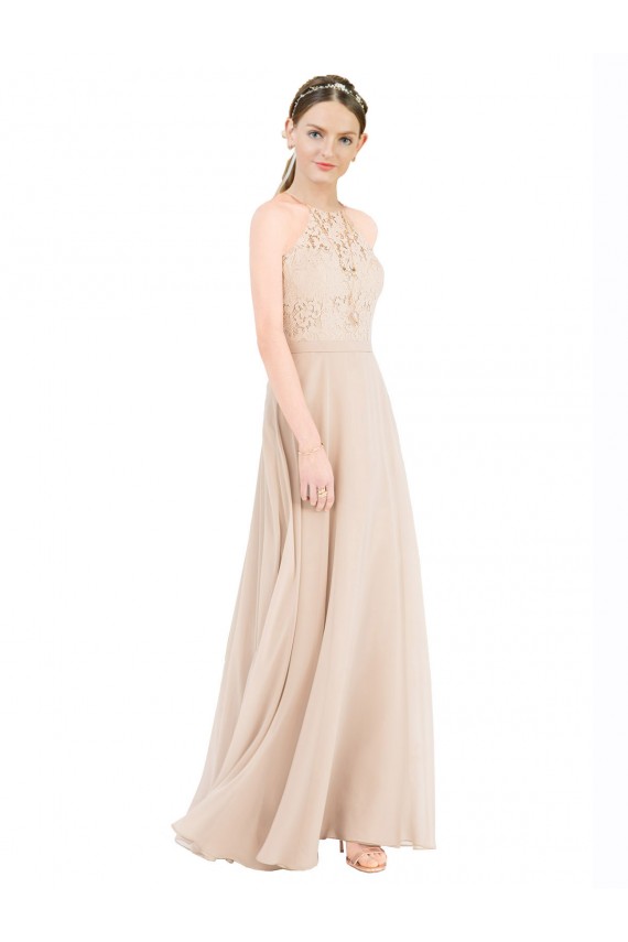 Sleeveless High Neck Soft Chiffon & Lace Champagne Long Prom Dress / Bridesmaid Dress Bath