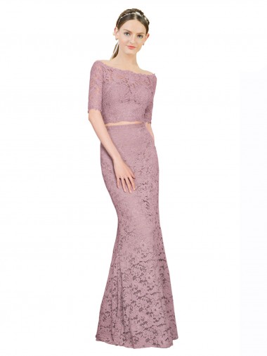 Short Sleeves Off the Shoulder Lace Long Prom Dress / Bridesmaid Dress Bath