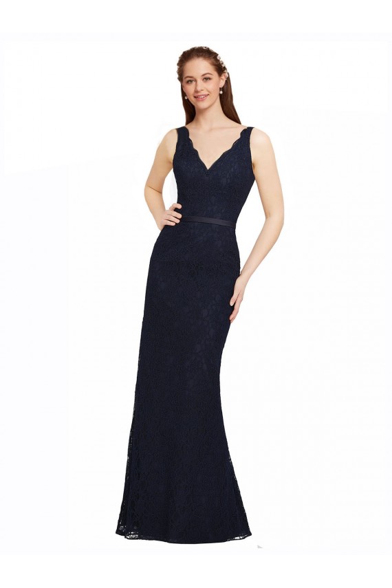 Sleeveless V-Neck Lace Dark Navy Long Bridesmaid Dress Bath