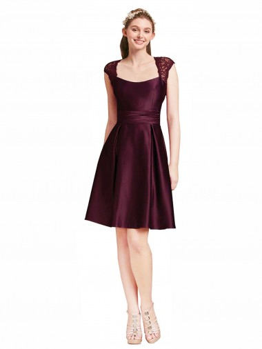 Sleeveless Square Neck Satin & Lace Grape Knee Length Bridesmaid Dress Bath