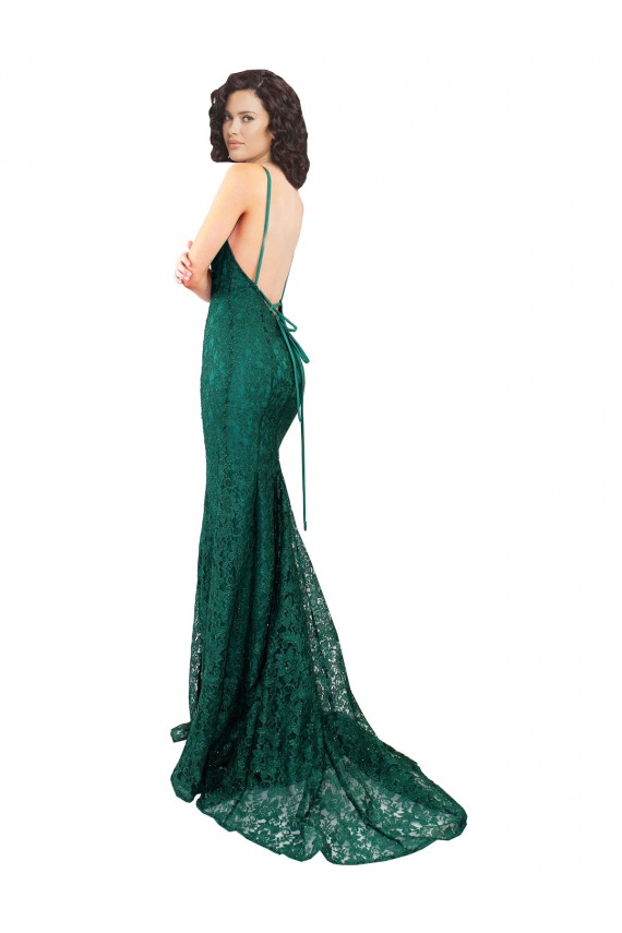 Sleeveless V-Neck Lace Dark Green Long Black Tie Evening Gown / Prom Dress / Bridesmaid Dress Bath