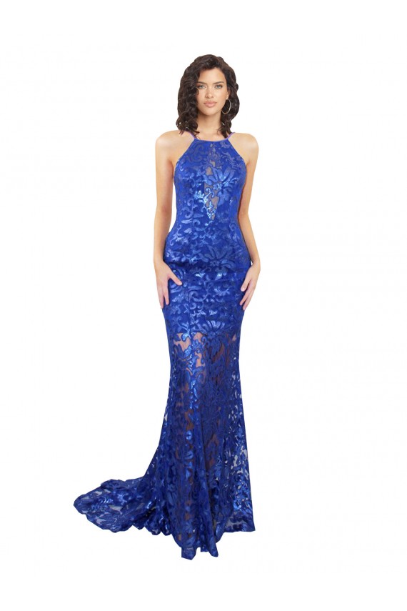 Sleeveless High Neck Lace Royal Blue Long Semi Formal Evening Dress / Prom Dress / Bridesmaid Dress Bath