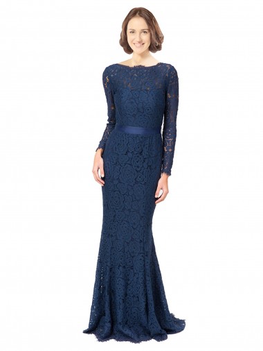 Long Sleeves Jewel Neck Lace Dark Navy Sweep Train Bridesmaid Dress Bath