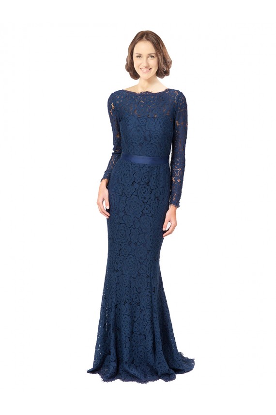 Long Sleeves Jewel Neck Lace Dark Navy Sweep Train Bridesmaid Dress Bath