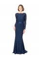 Long Sleeves Jewel Neck Lace Dark Navy Sweep Train Bridesmaid Dress Bath