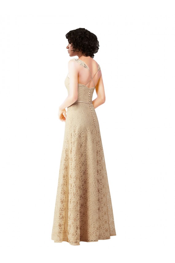 Sleeveless Sweetheart Lace Champagne Long Bridesmaid Dress Bath