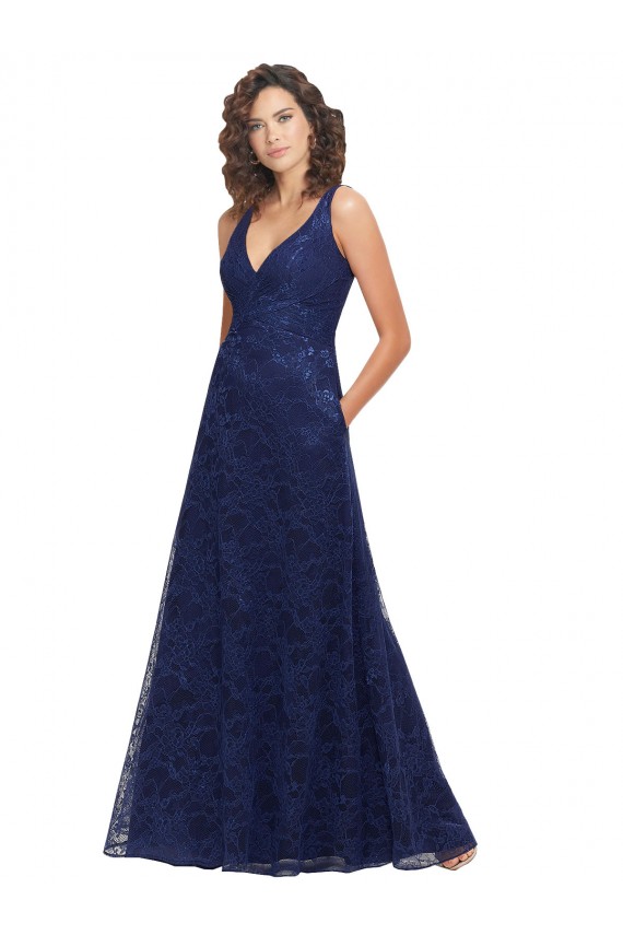 Sleeveless V-Neck Lace Dark Navy A-Line Long Bridesmaid Dress Bath