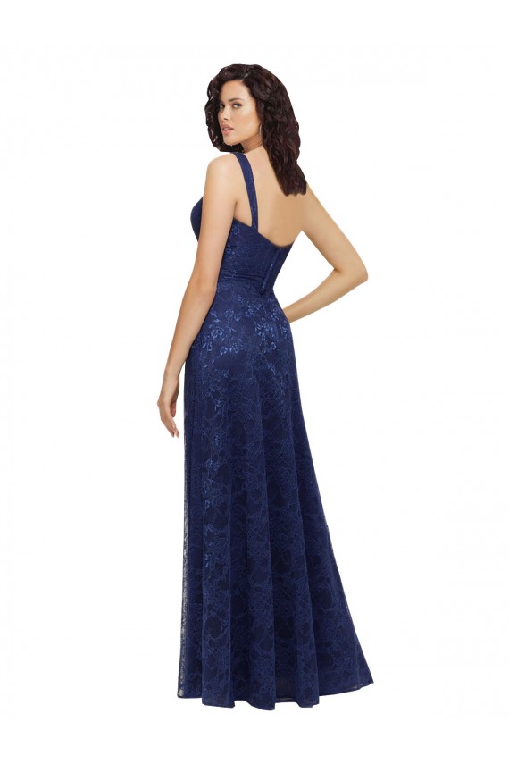Sleeveless V-Neck Lace Dark Navy A-Line Long Bridesmaid Dress Bath