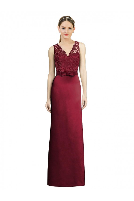 Sleeveless V-Neck Satin & Lace Burgundy Long Bridesmaid Dress Bath