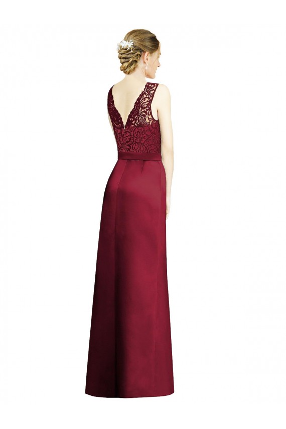 Sleeveless V-Neck Satin & Lace Burgundy Long Bridesmaid Dress Bath