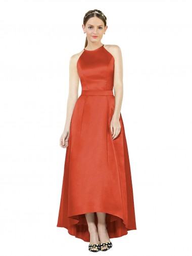 Sleeveless Halter Neck Satin Spice Red High Low Bridesmaid Dress Bath