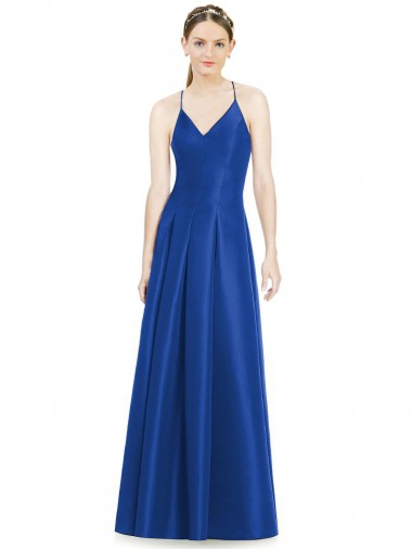 Sleeveless V-Neck Satin Royal Blue Long Bridesmaid Dress Bath