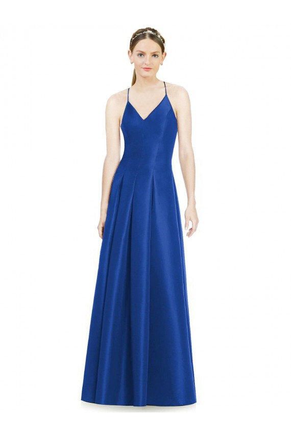 Sleeveless V-Neck Satin Royal Blue Long Bridesmaid Dress Bath