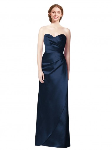 Sleeveless Strapless Satin Dark Navy Long Bridesmaid Dress Bath