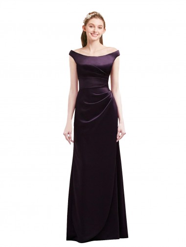 Cap Sleeves Off the Shoulder Satin Grape Long Bridesmaid Dress Bath