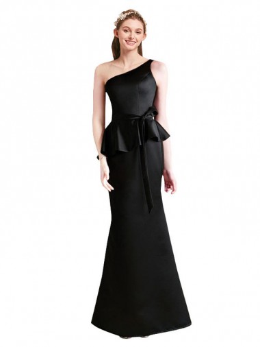 Sleeveless One Shoulder Satin Black Long Bridesmaid Dress Bath