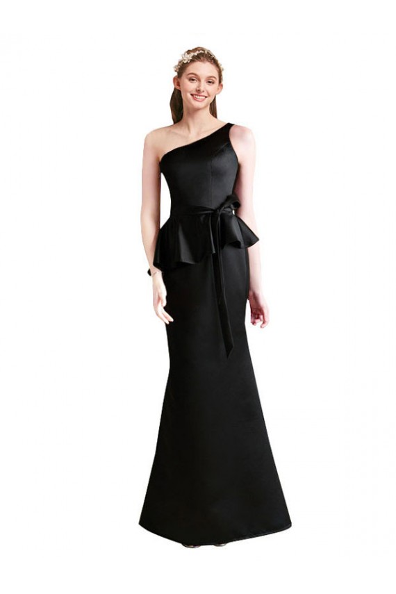 Sleeveless One Shoulder Satin Black Long Bridesmaid Dress Bath