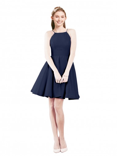 Sleeveless Halter Neck Satin Dark Navy Knee Length Bridesmaid Gown Bath