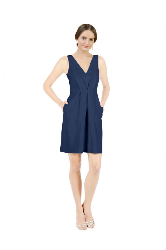 Sleeveless V-Neck Satin Dark Navy Knee Length Evening Gown / Bridesmaid Dress Bath