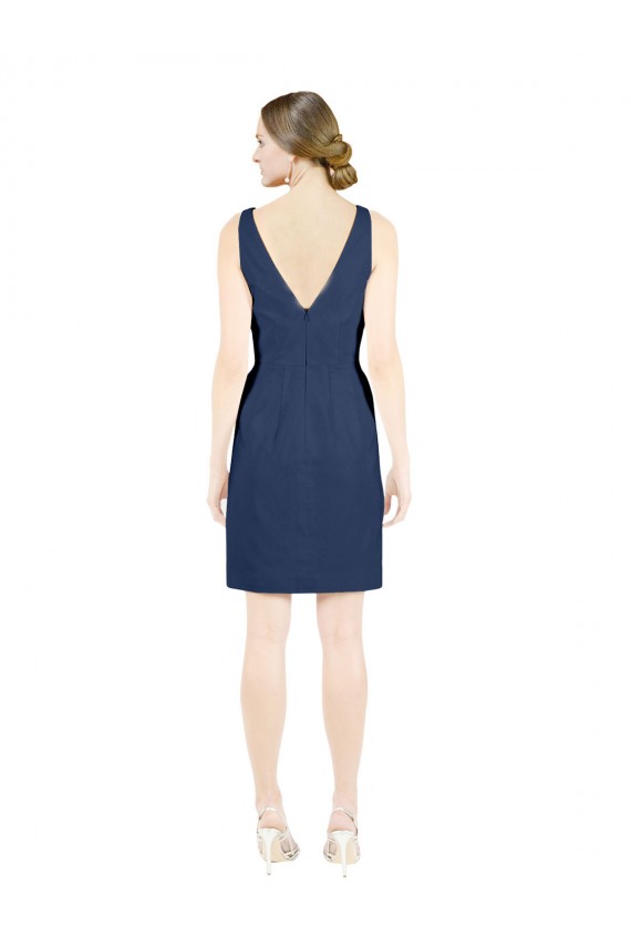 Sleeveless V-Neck Satin Dark Navy Knee Length Evening Gown / Bridesmaid Dress Bath