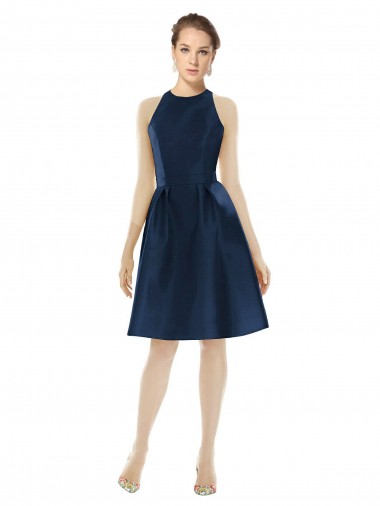 Sleeveless Halter Neck Satin Dark Navy Cocktail Length Bridesmaid Dress Bath